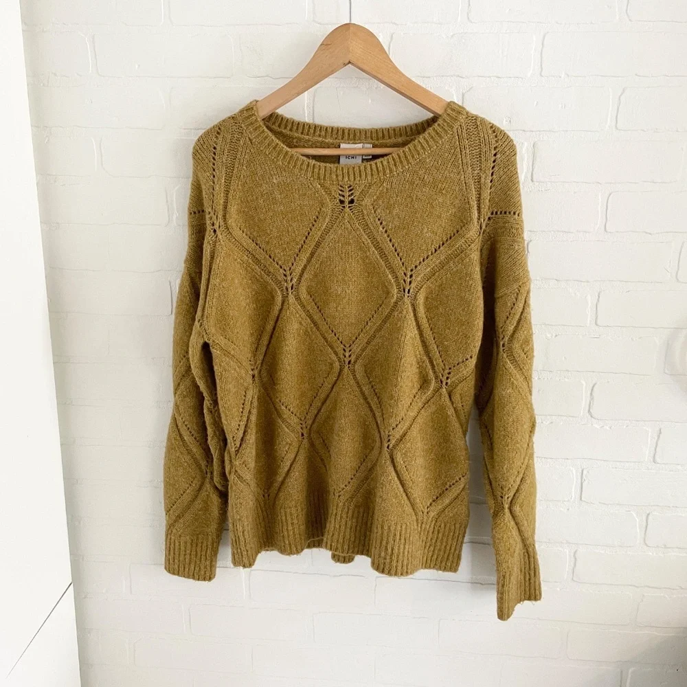 Anthropologie X ICHI Diamond Cable Knit Sweater Chunky Oversized Mustard Sz M - Picture 2 of 14